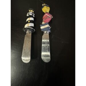 2 BOSTON WAREHOUSE CHEESE KNIFE BUTTER SPREADER LIGHT HOUSE & NAUTICAL BUOY